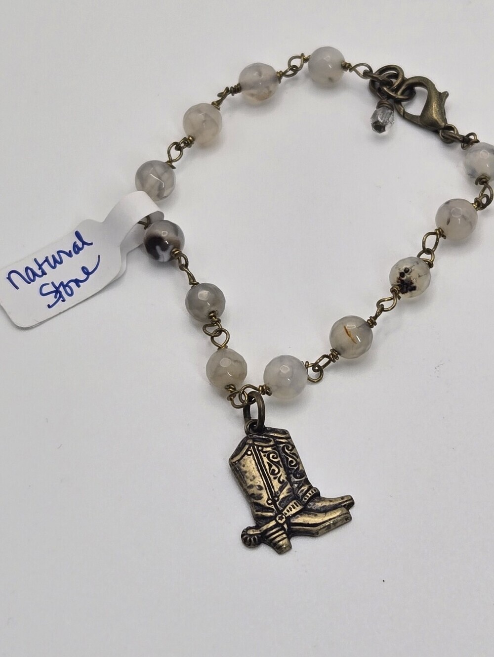 Natural Stone Bracelet With Cowgirl Boot Charm Broze Finnish Handmade